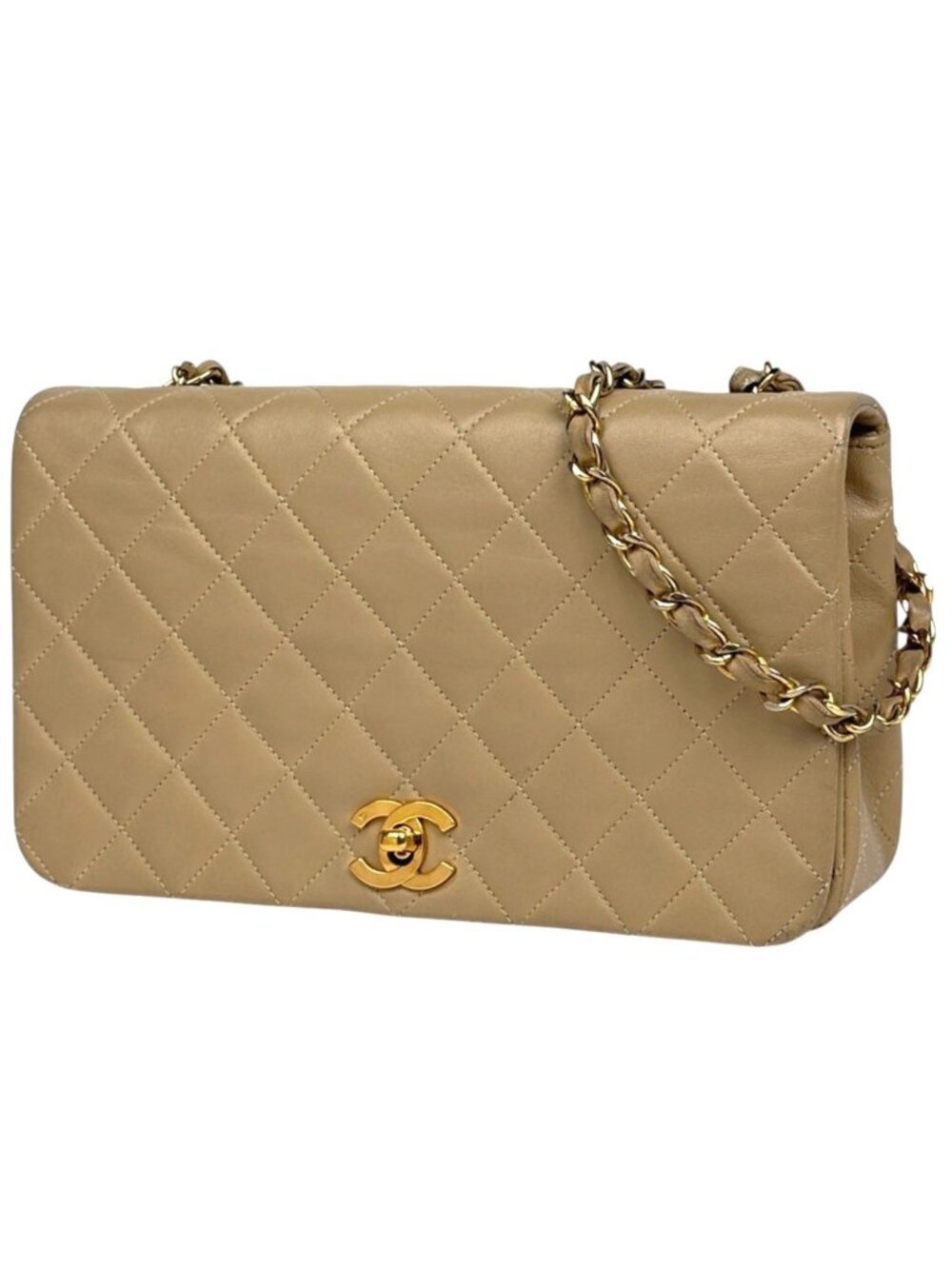 Chanel Shoulder Bag Quilted Single Flap CC Logo Leather Beige